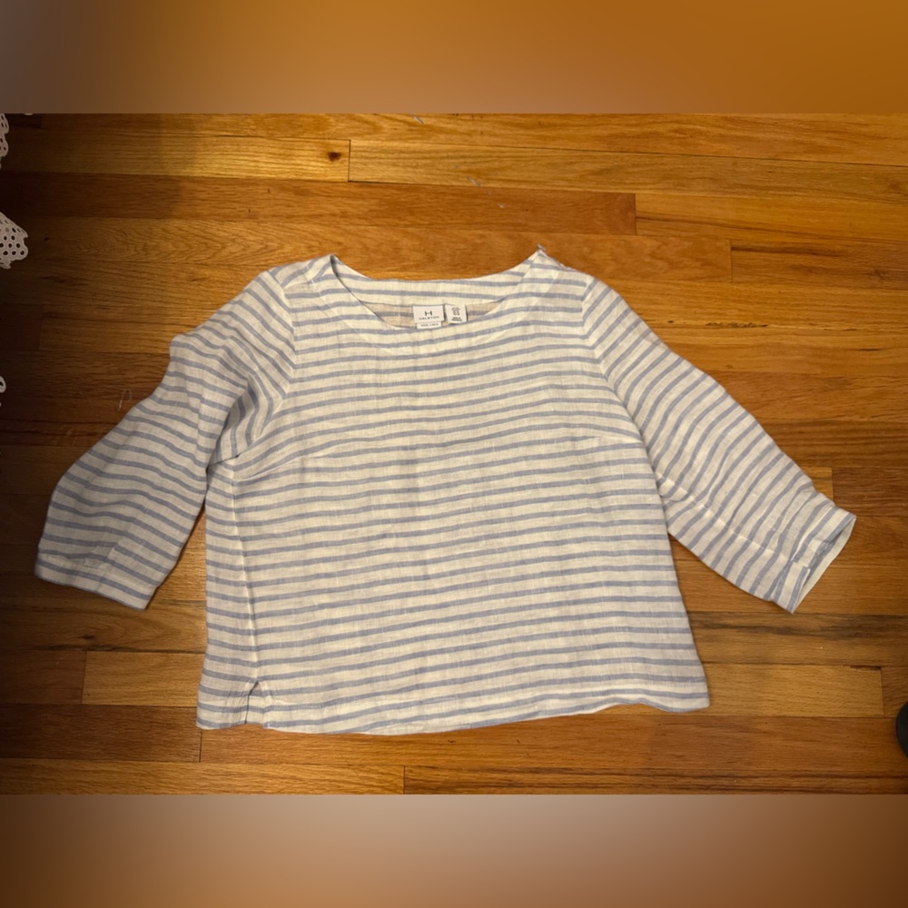 Halston Light Blue and White Striped Linen Top